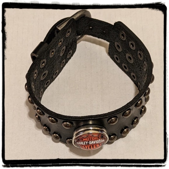 Leather Harley Davidson Studded Cuff Bracelet Black Adjustable Length - Picture 2 of 5
